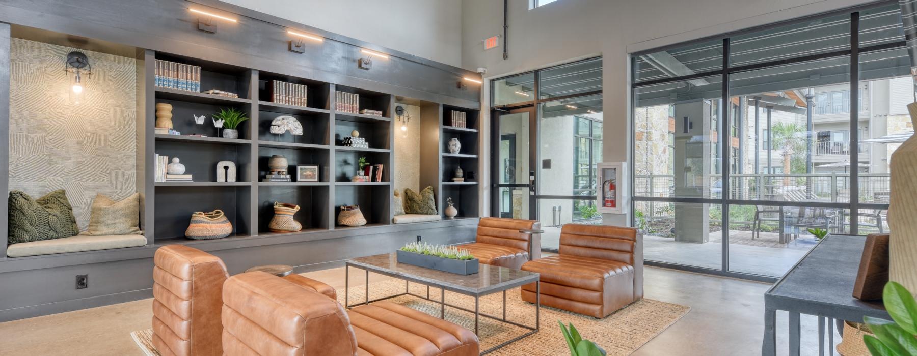 a room with a couch and shelves
